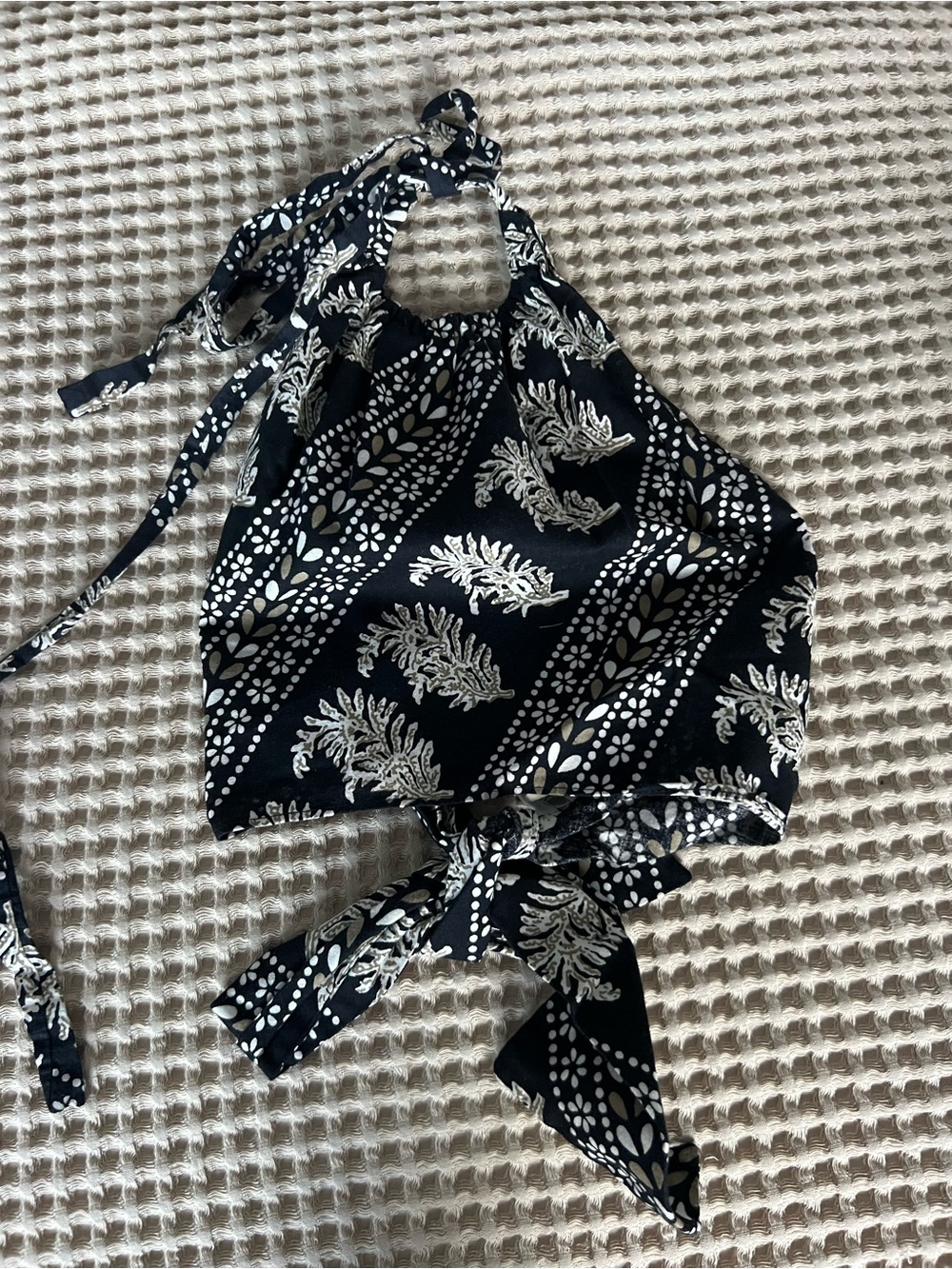 Black & White Halter Crop Top with Leaf Print